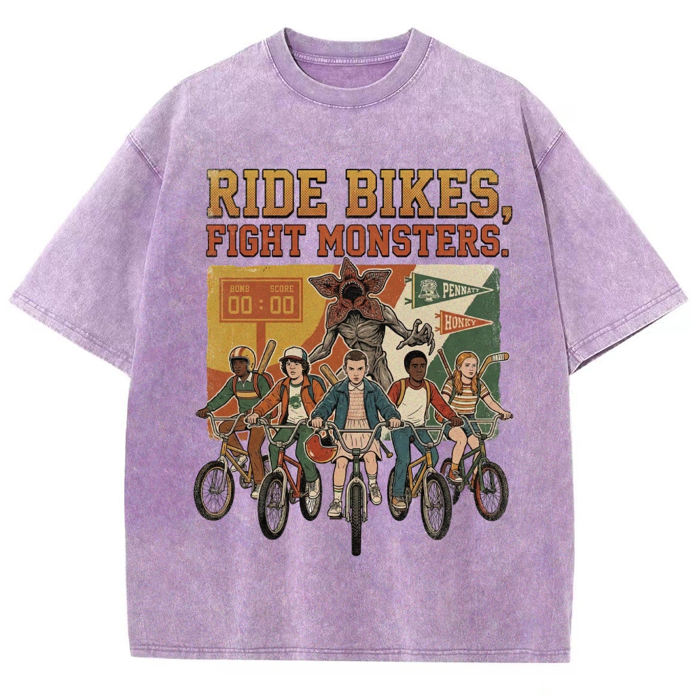 Ride Bikes Fight Monsters Hawkins Retro Washed T-Shirt