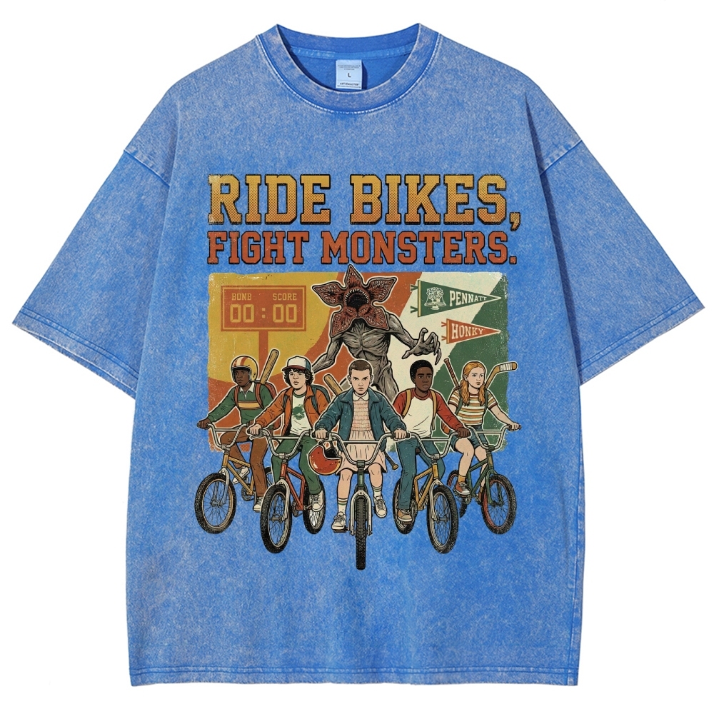 Ride Bikes Fight Monsters Hawkins Retro Washed T-Shirt