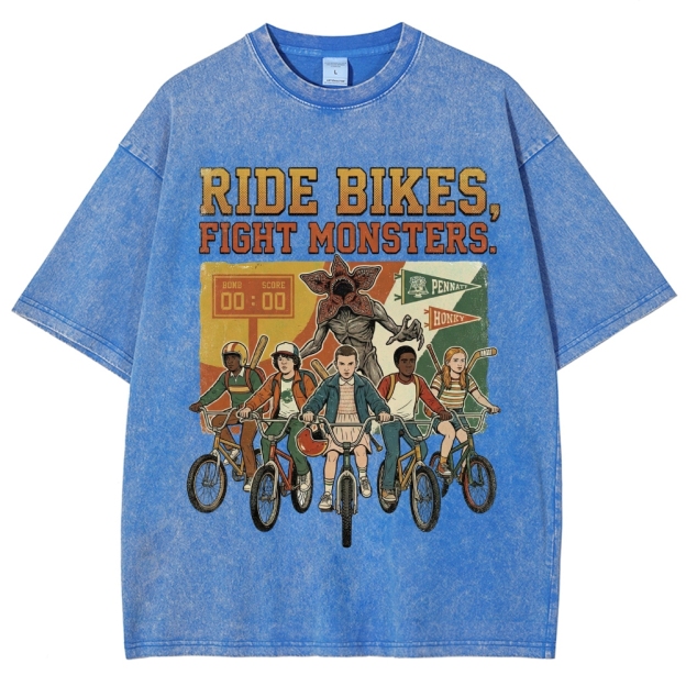 Ride Bikes Fight Monsters Hawkins Retro Washed T-Shirt
