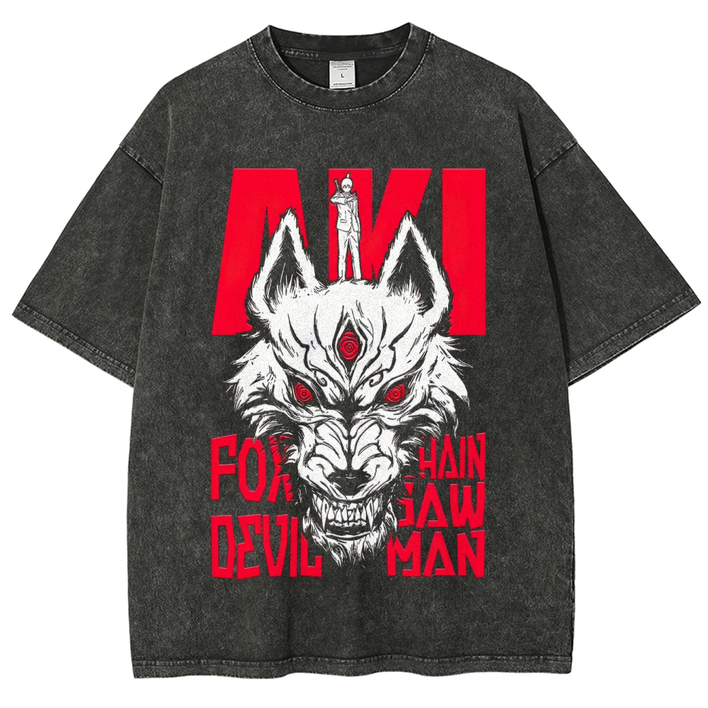 Aki Fox Devil Chainsaw Man Anime Graphic Washed T-Shirt