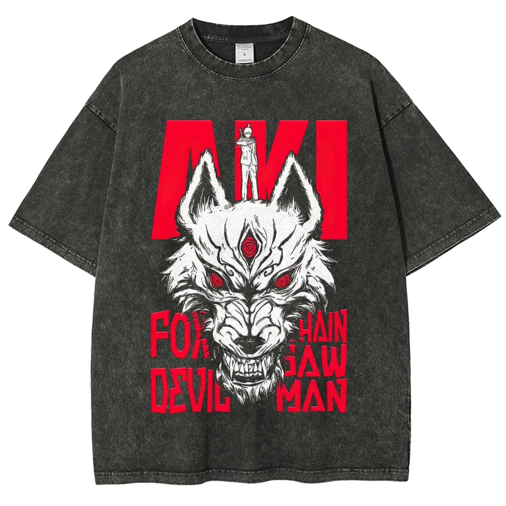 Aki Fox Devil Chainsaw Man Anime Graphic Washed T-Shirt