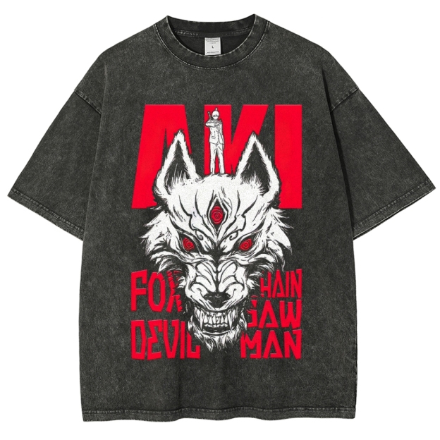 Aki Fox Devil Chainsaw Man Anime Graphic Washed T-Shirt