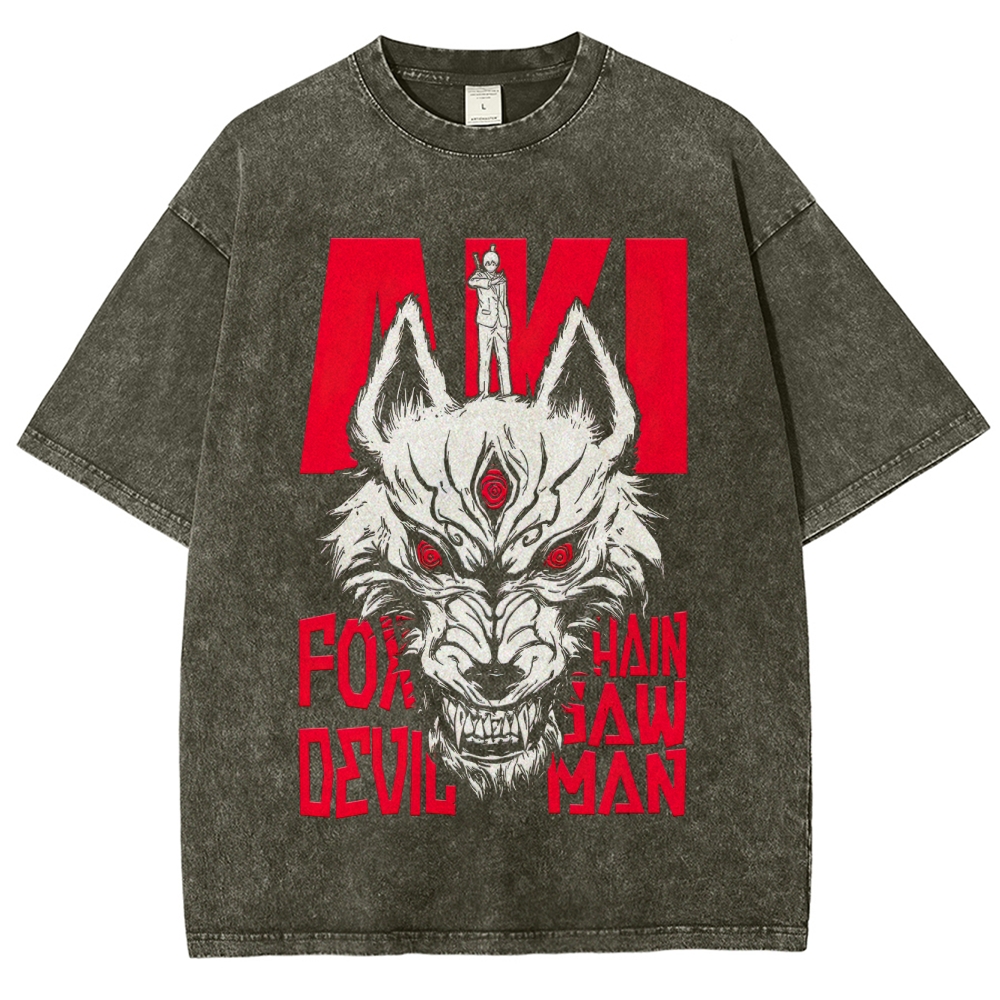 Aki Fox Devil Chainsaw Man Anime Graphic Washed T-Shirt