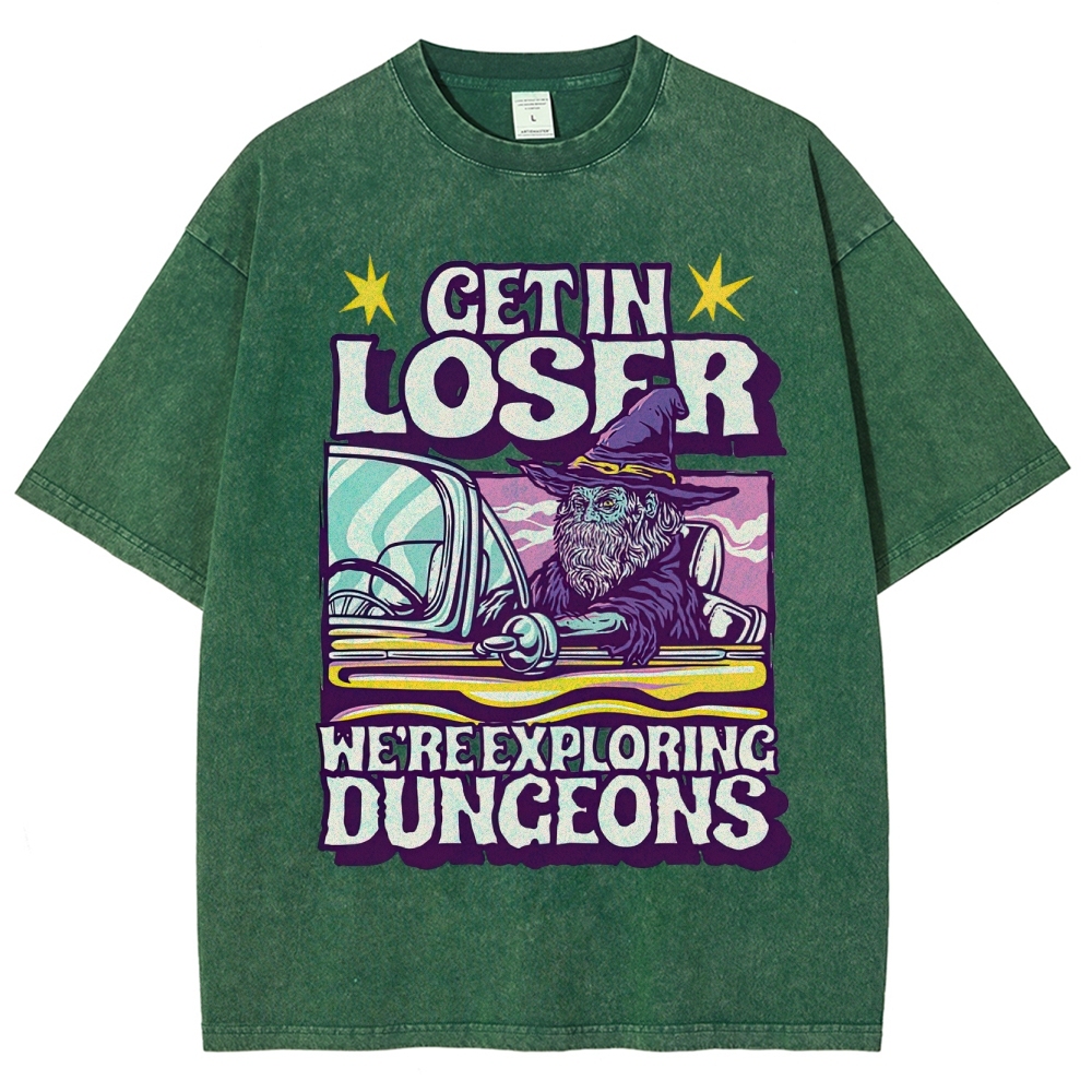 Get in Loser We're Exploring Dungeons Retro Wizard Washed T-Shirt