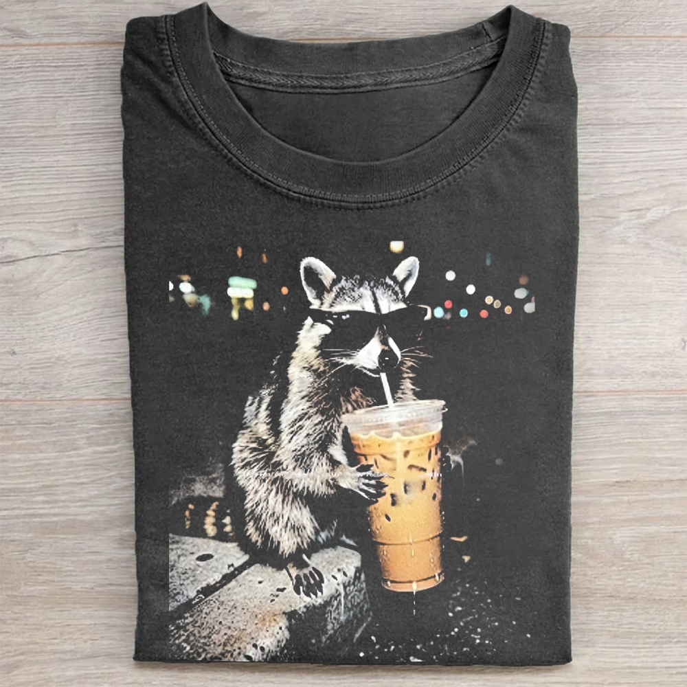 Funny Raccoon Drinking Iced Coffee Washed Tee 
