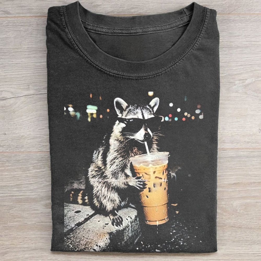 Funny Raccoon Drinking Iced Coffee Washed Tee