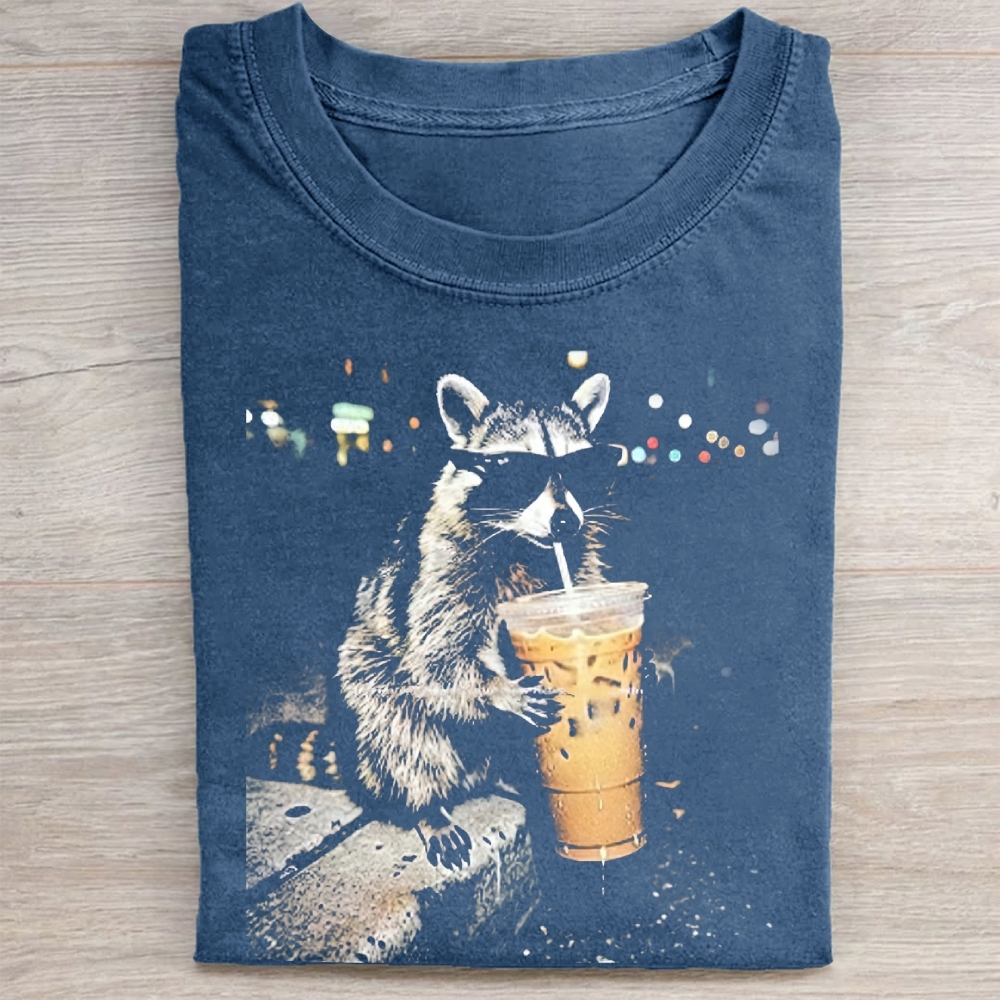 Funny Raccoon Drinking Iced Coffee Washed Tee 