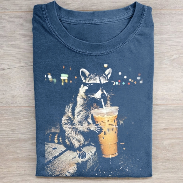 Funny Raccoon Drinking Iced Coffee Washed Tee 