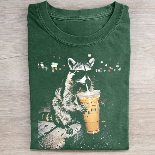 Funny Raccoon Drinking Iced Coffee Washed Tee 