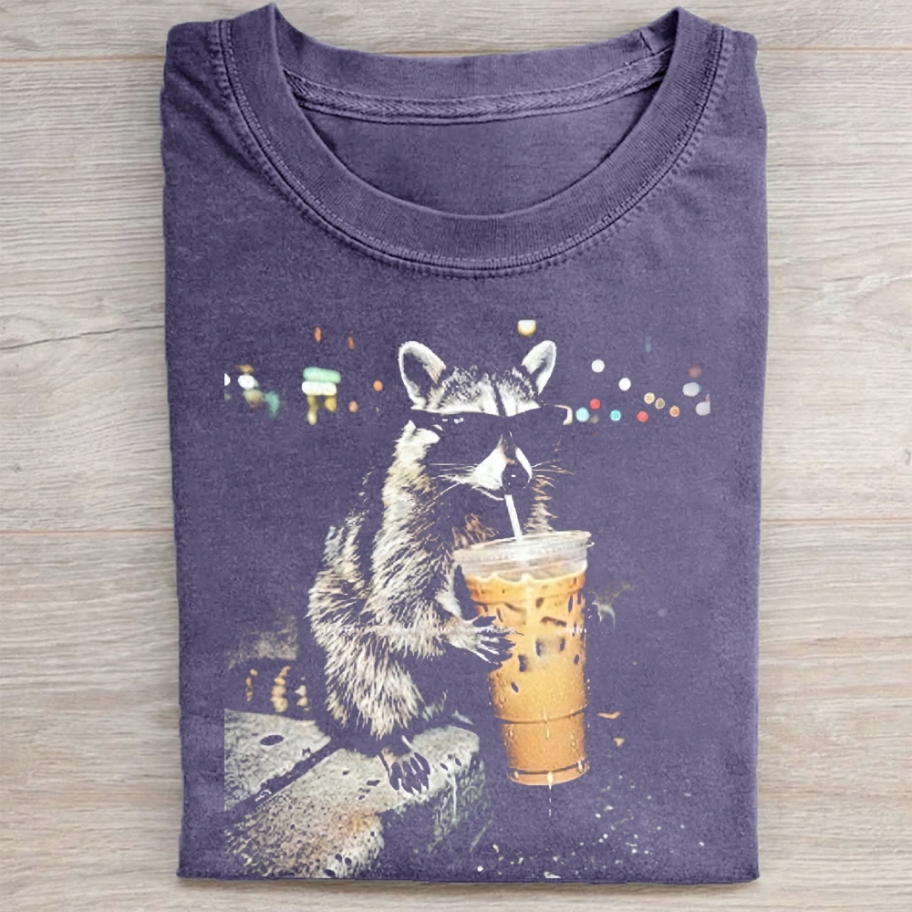 Funny Raccoon Drinking Iced Coffee Washed Tee 
