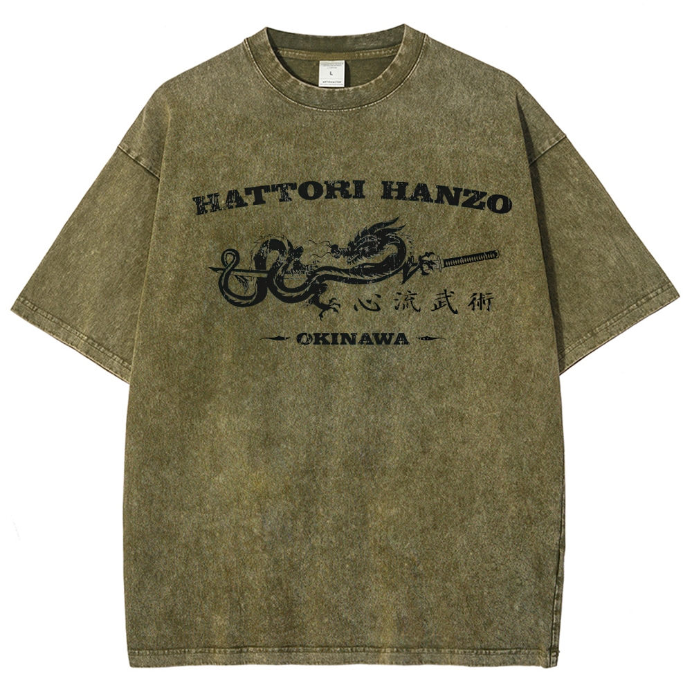 Hattori Hanzo Okinawa Dragon Sword Retro Washed T-Shirt