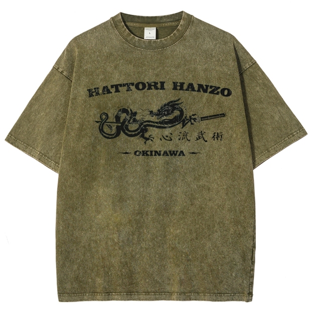 Hattori Hanzo Okinawa Dragon Sword Retro Washed T-Shirt