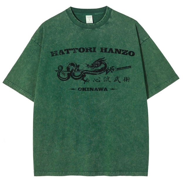 Hattori Hanzo Okinawa Dragon Sword Retro Washed T-Shirt