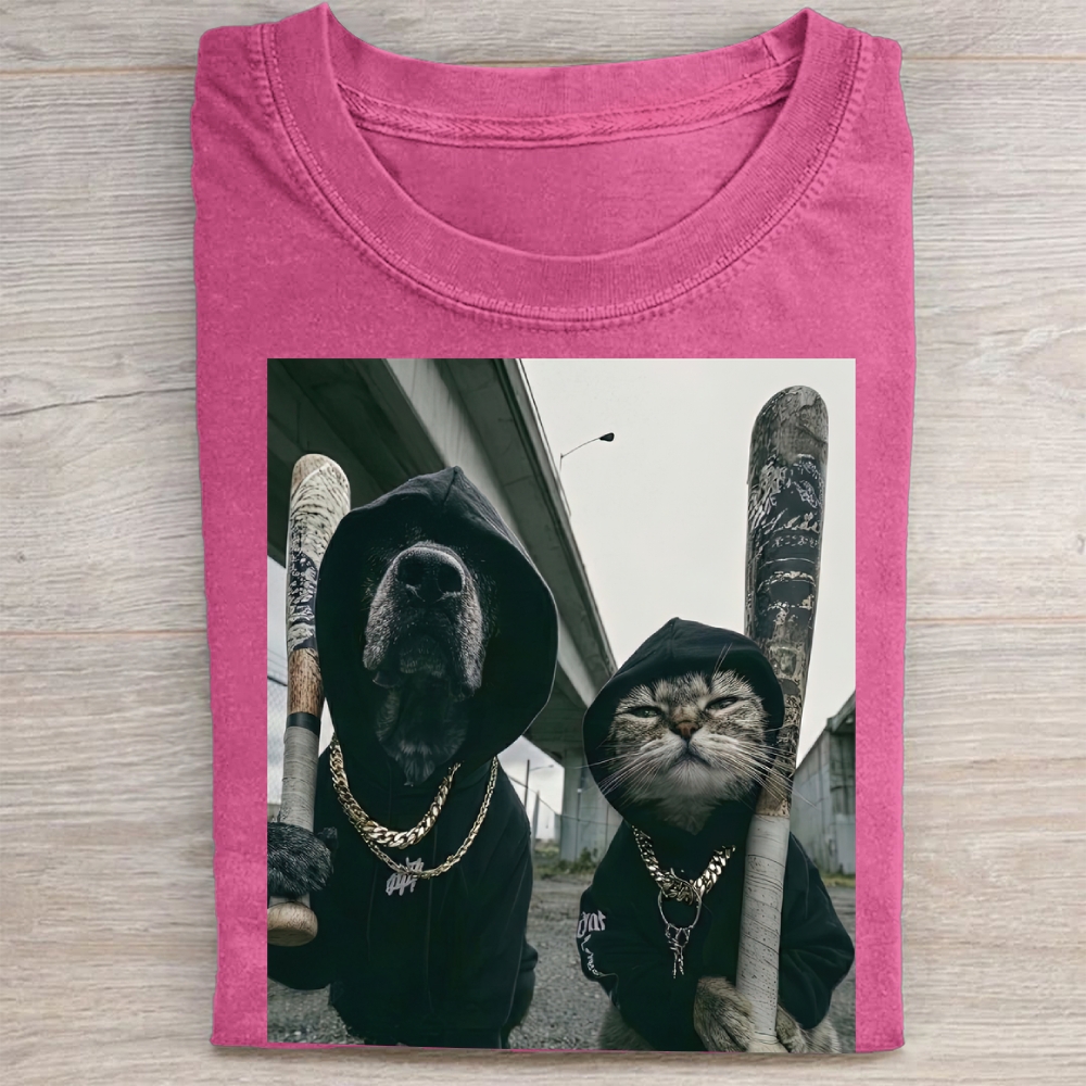  Vintage Gangster Dog and Cat Print Washed Tee 