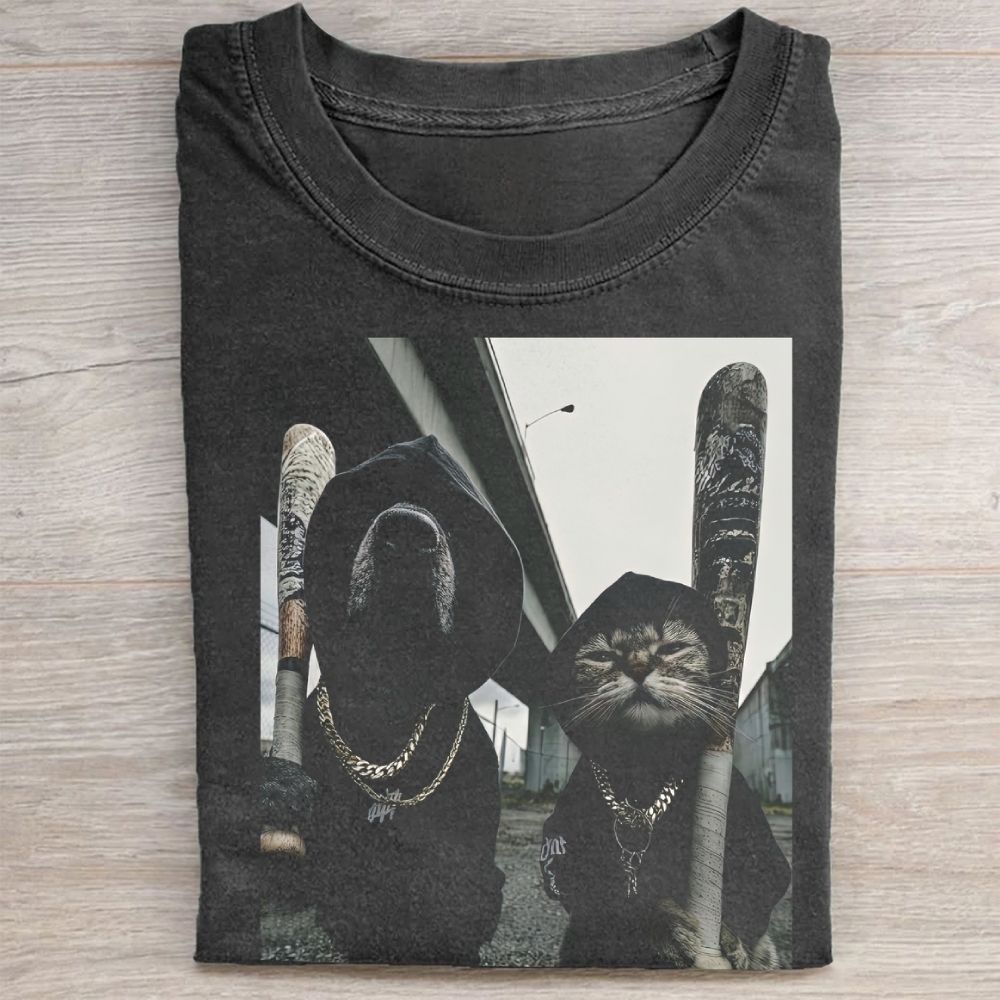 Vintage Gangster Dog and Cat Print Washed Tee