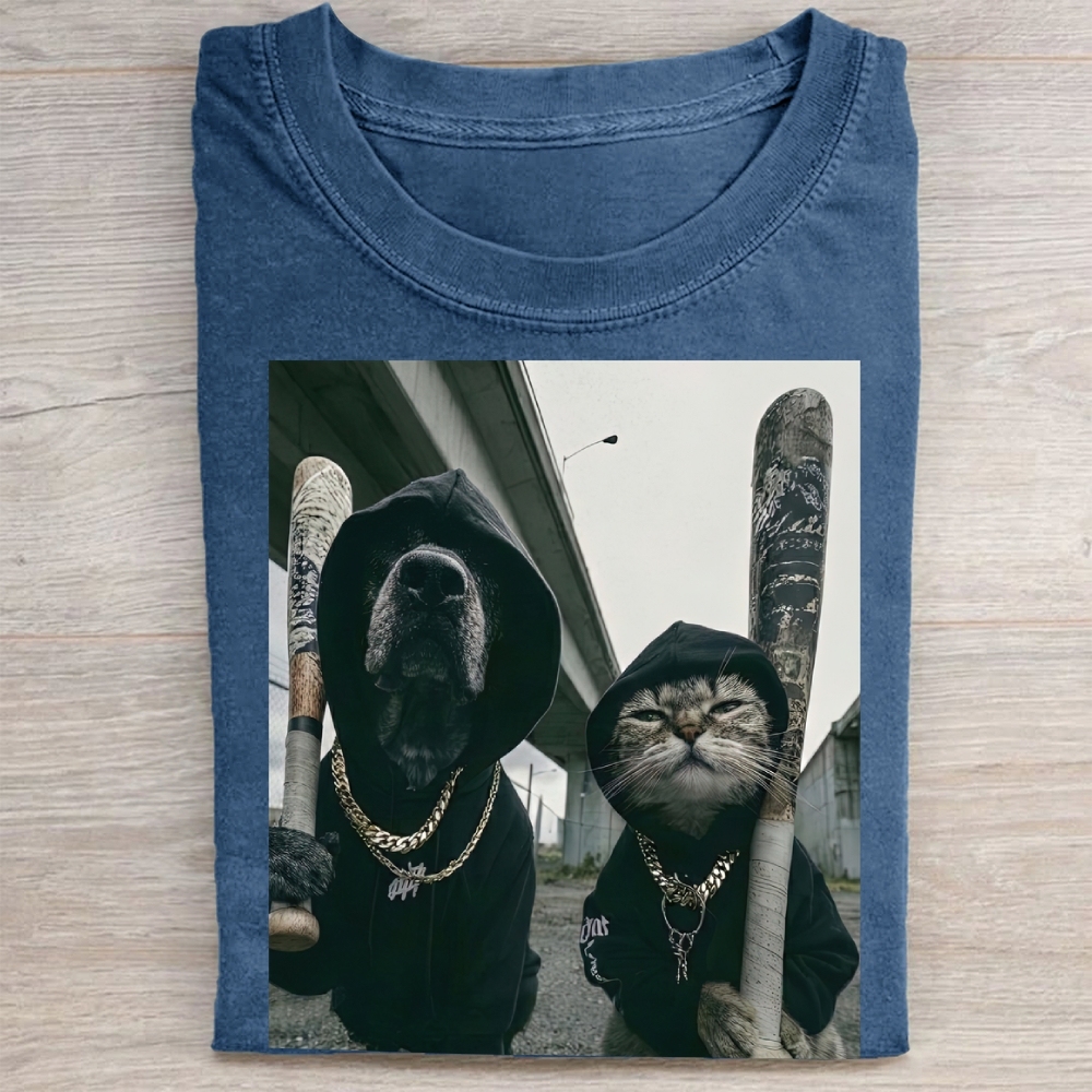  Vintage Gangster Dog and Cat Print Washed Tee 