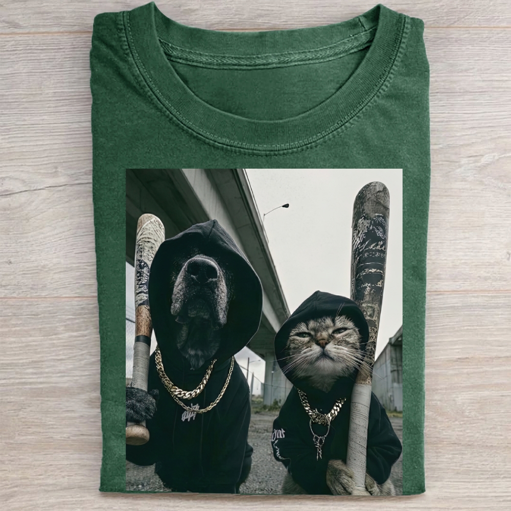  Vintage Gangster Dog and Cat Print Washed Tee 