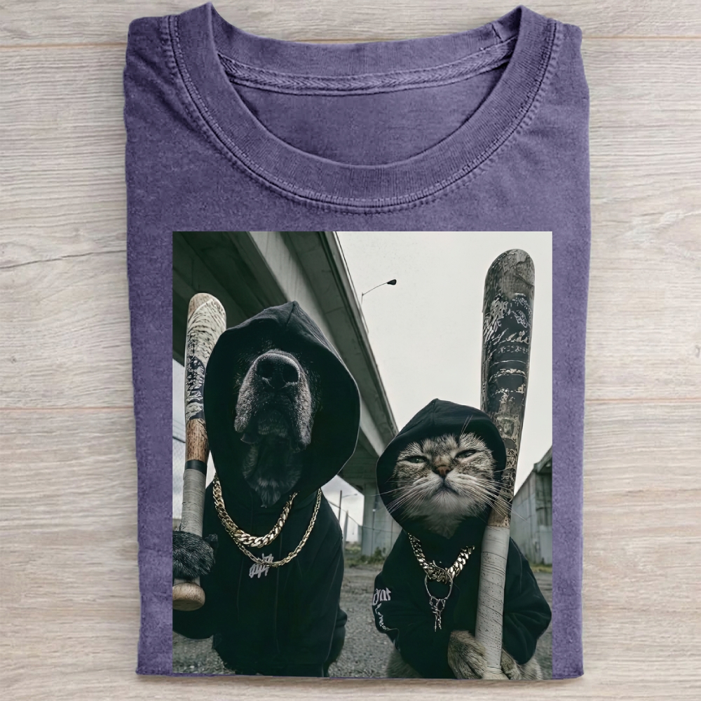  Vintage Gangster Dog and Cat Print Washed Tee 