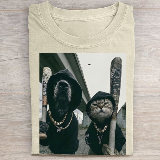  Vintage Gangster Dog and Cat Print Washed Tee 