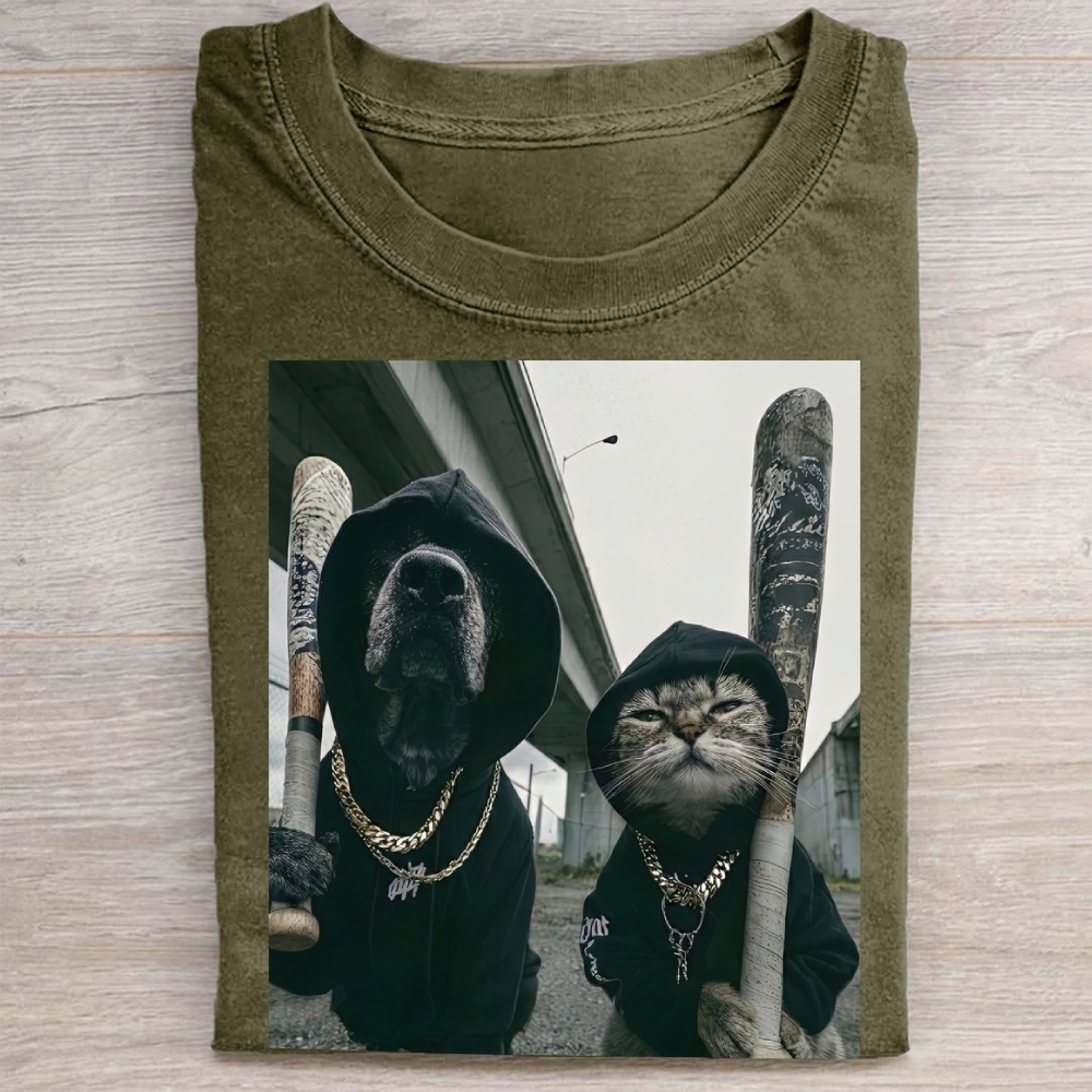  Vintage Gangster Dog and Cat Print Washed Tee 