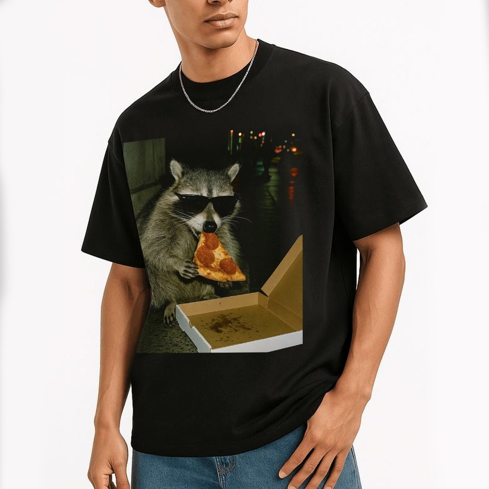 Midnight Pizza Raccoon Cotton T-shirt 