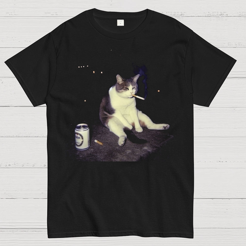 Smoking Feline Night Scene Cotton T-shirt 