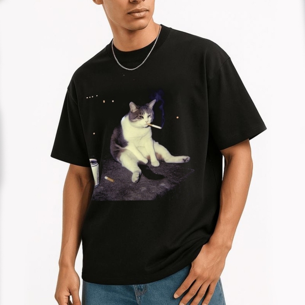  Smoking Feline Night Scene Cotton T-shirt 