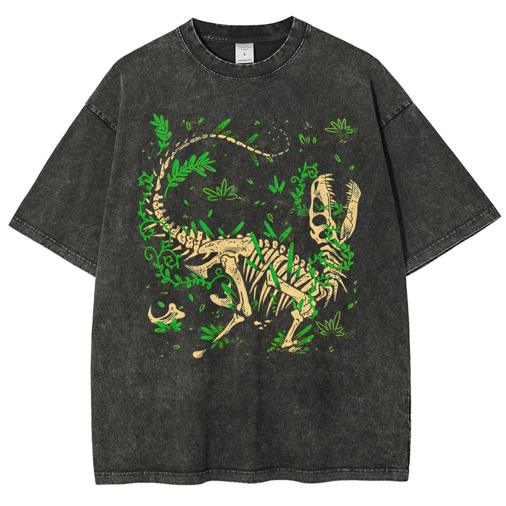 Dinosaur Skeleton with Foliage Retro Nature Washed T-Shirt