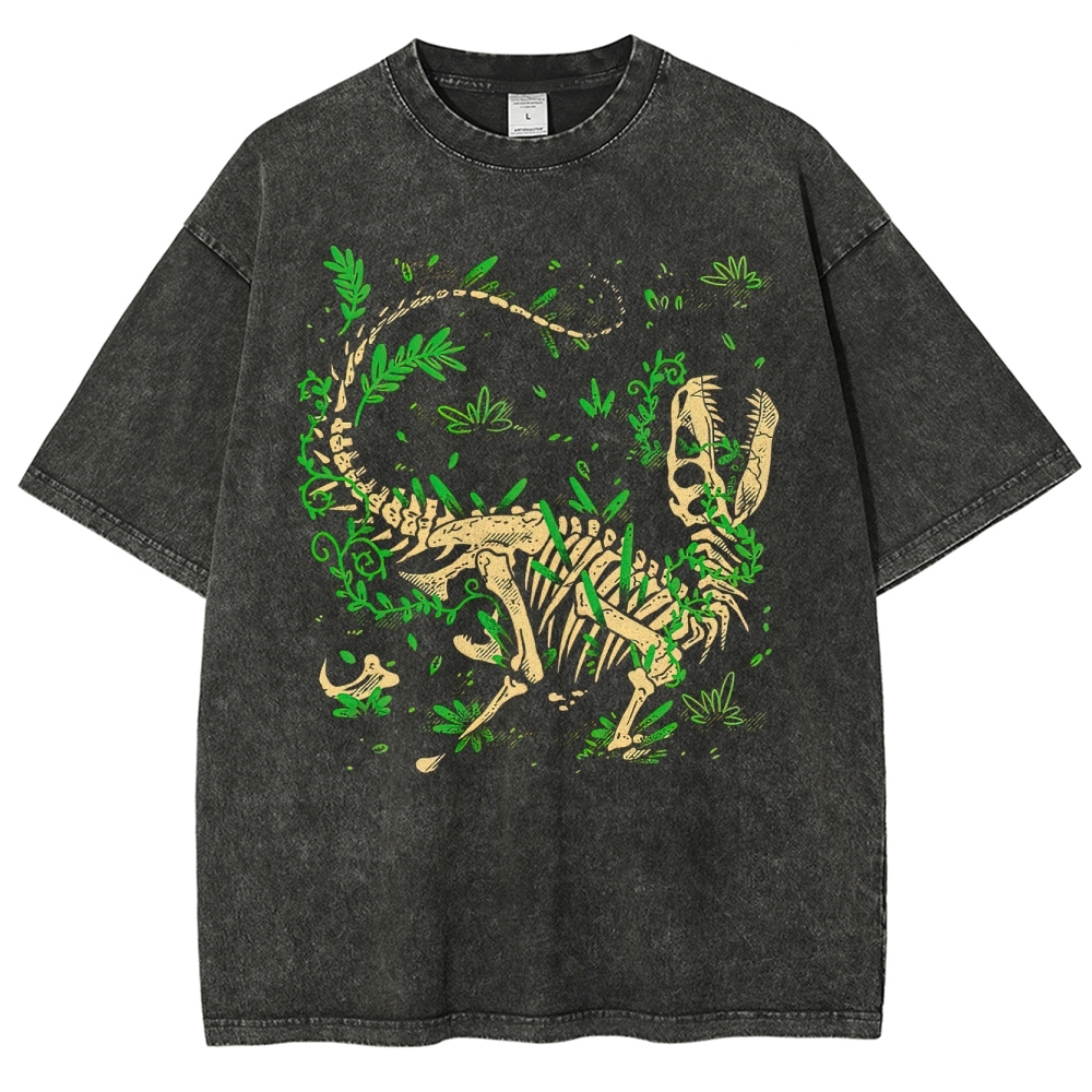 Dinosaur Skeleton with Foliage Retro Nature Washed T-Shirt