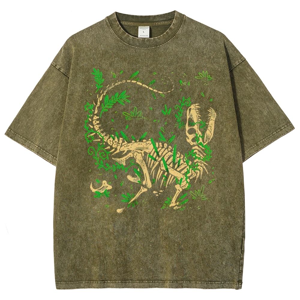 Dinosaur Skeleton with Foliage Retro Nature Washed T-Shirt