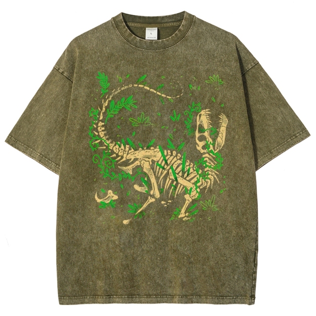 Dinosaur Skeleton with Foliage Retro Nature Washed T-Shirt