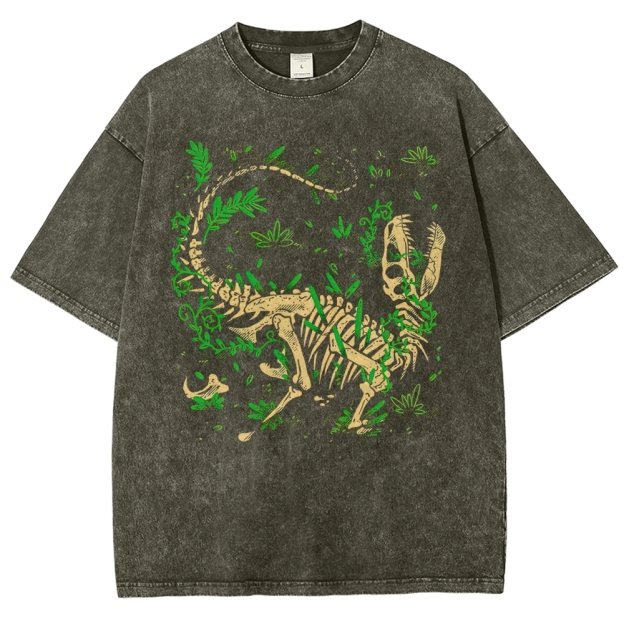 Dinosaur Skeleton with Foliage Retro Nature Washed T-Shirt