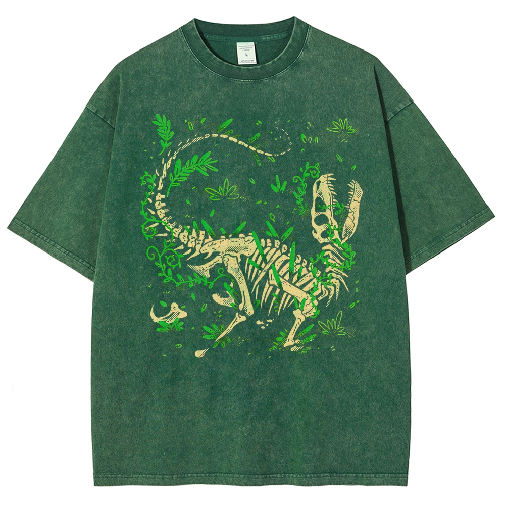 Dinosaur Skeleton with Foliage Retro Nature Washed T-Shirt