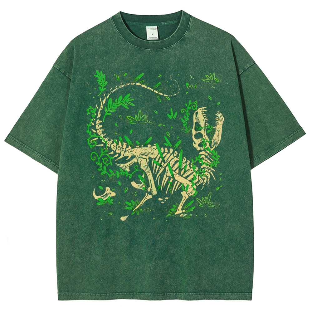 Dinosaur Skeleton with Foliage Retro Nature Washed T-Shirt