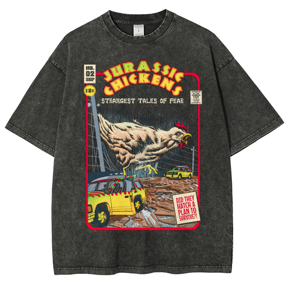 Jurassic Chickens Retro Comic Parody Washed T-Shirt