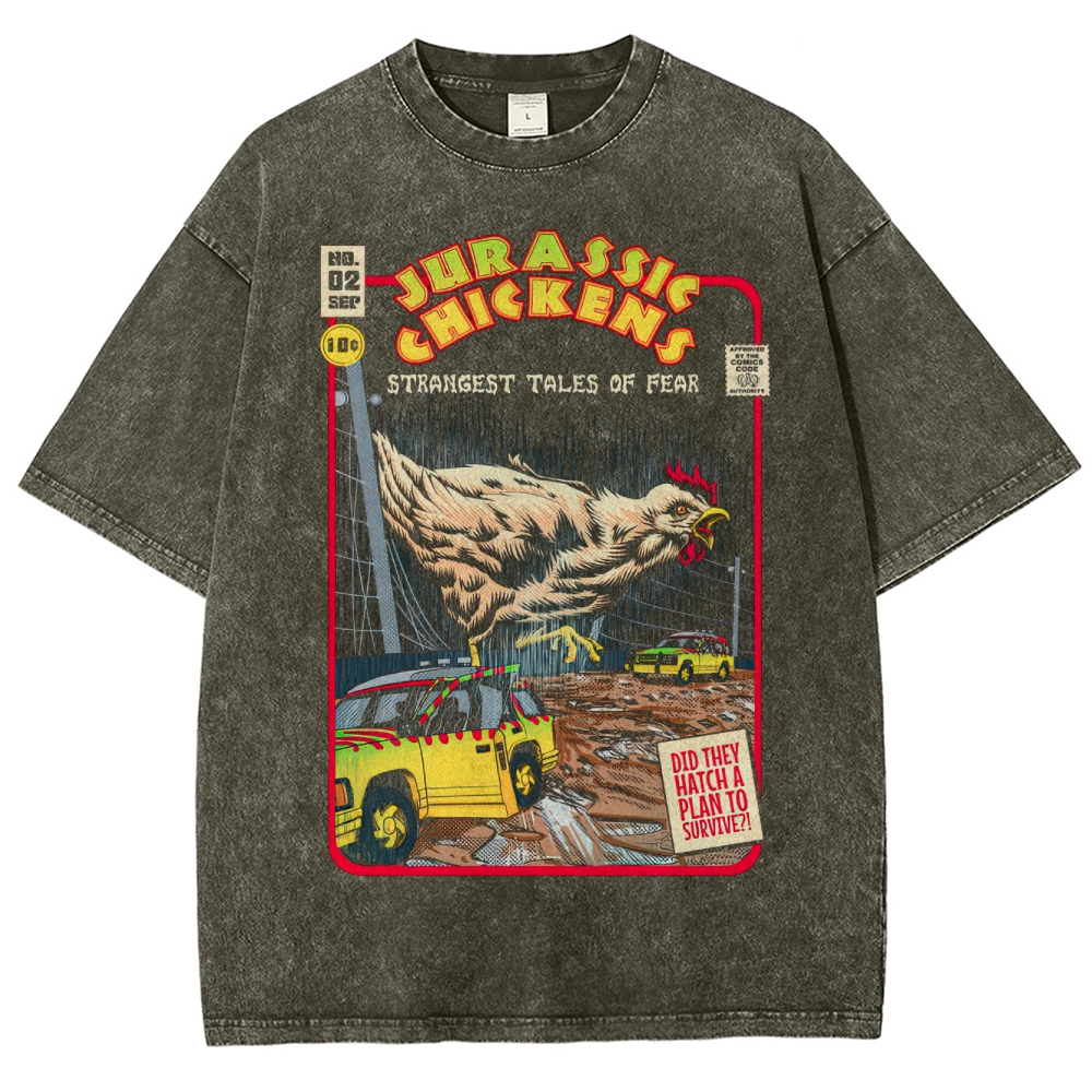 Jurassic Chickens Retro Comic Parody Washed T-Shirt