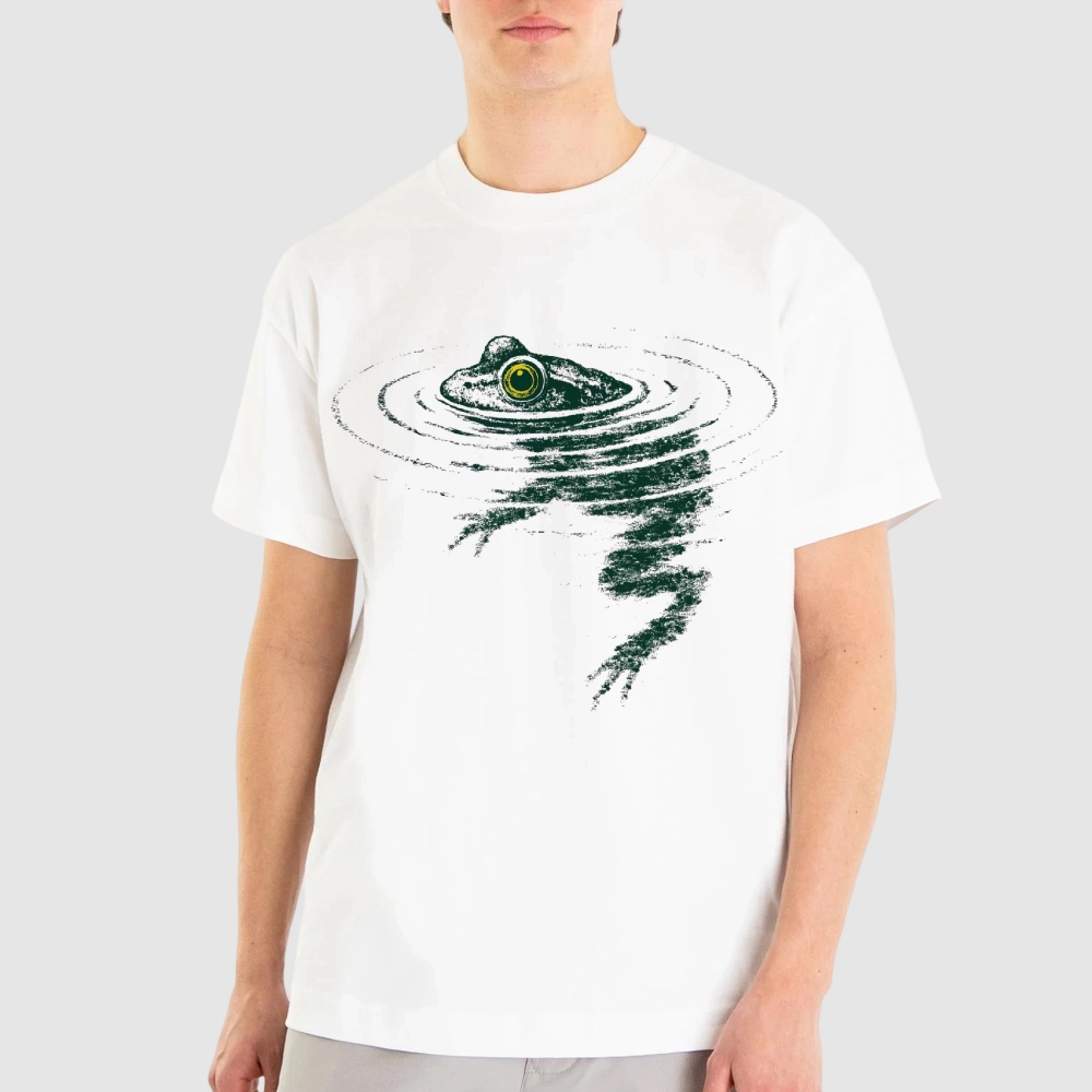 Vintage Sketch Frog Submerged Pond Ripple Graphic Cotton T-shirt 
