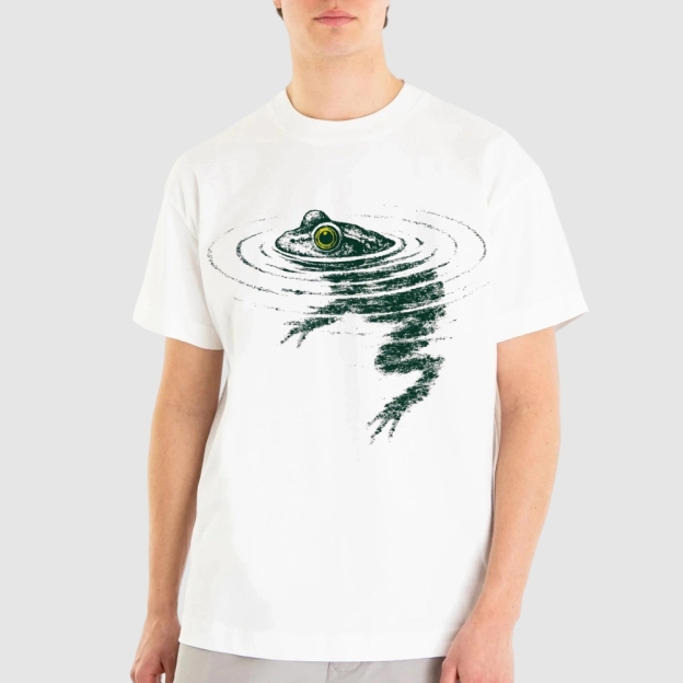 Vintage Sketch Frog Submerged Pond Ripple Graphic Cotton T-shirt 