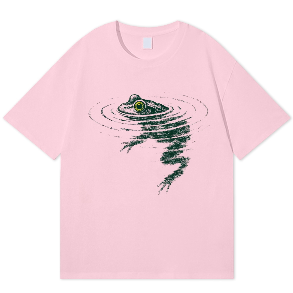 Vintage Sketch Frog Submerged Pond Ripple Graphic Cotton T-shirt 