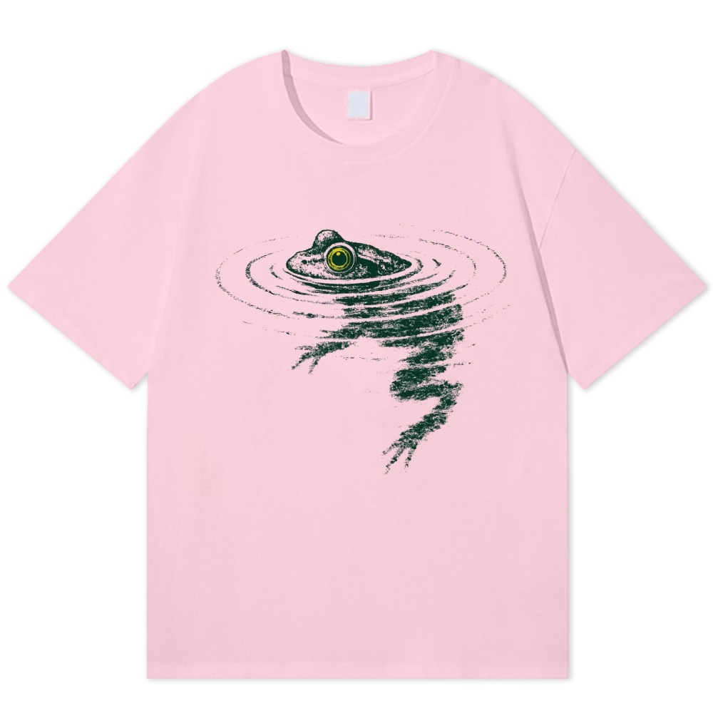 Vintage Sketch Frog Submerged Pond Ripple Graphic Cotton T-shirt 