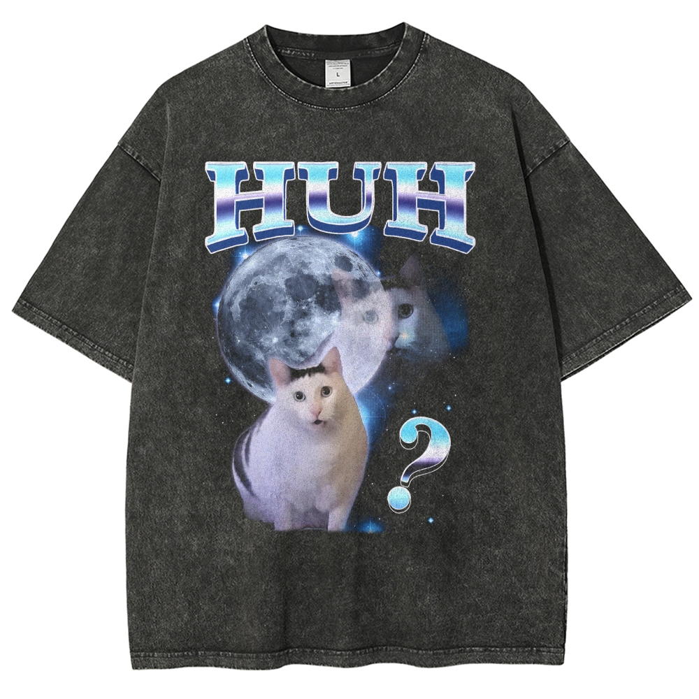 HUH Funny Dank Cat Meme  Washed T-Shirt 