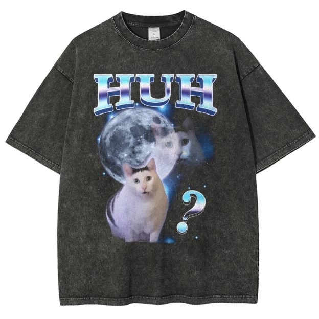 HUH Funny Dank Cat Meme  Washed T-Shirt 