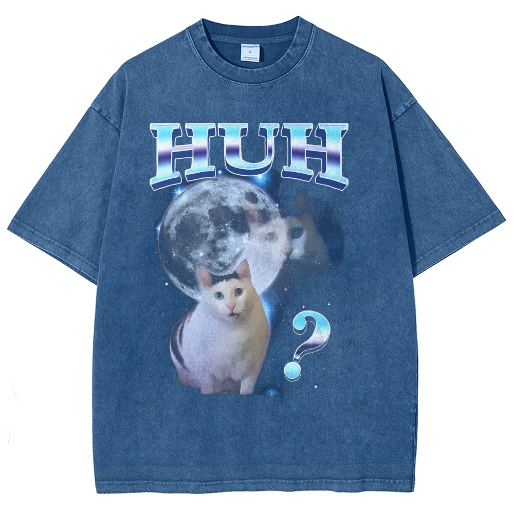 HUH Funny Dank Cat Meme  Washed T-Shirt 