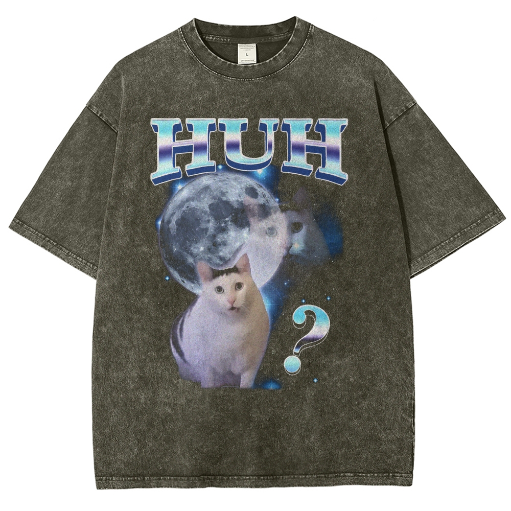 HUH Funny Dank Cat Meme  Washed T-Shirt 