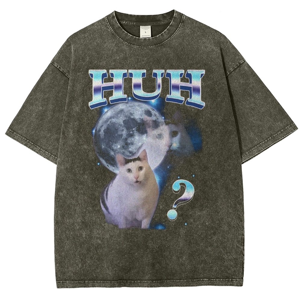 HUH Funny Dank Cat Meme  Washed T-Shirt 
