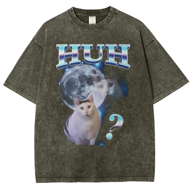 HUH Funny Dank Cat Meme  Washed T-Shirt 