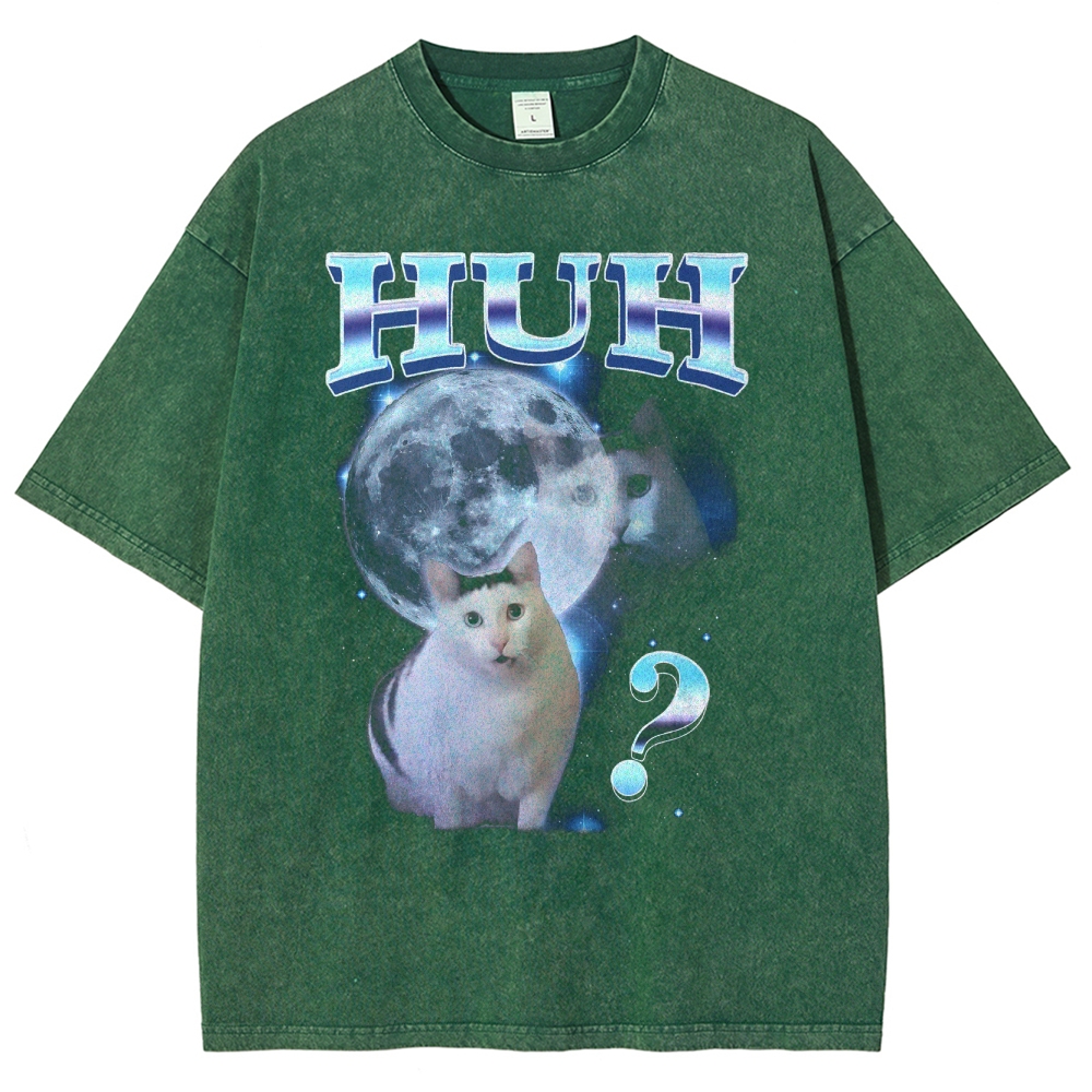 HUH Funny Dank Cat Meme  Washed T-Shirt 