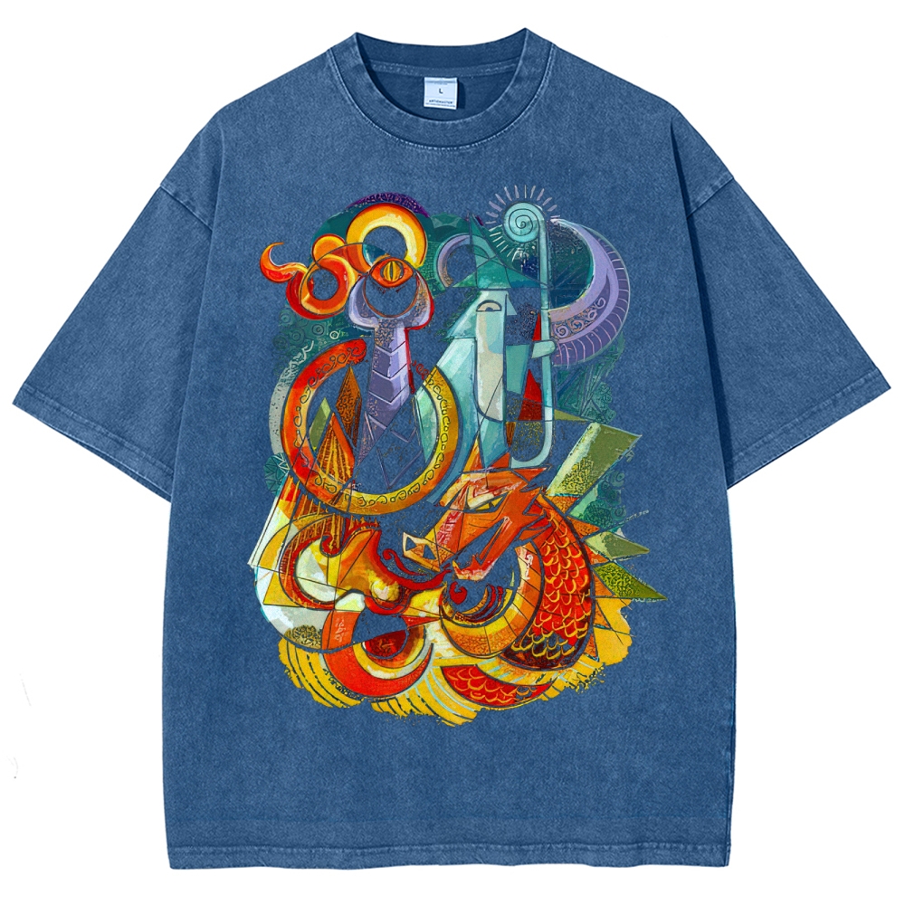 Colorful Dragon & Sword Abstract Washed T-Shirt