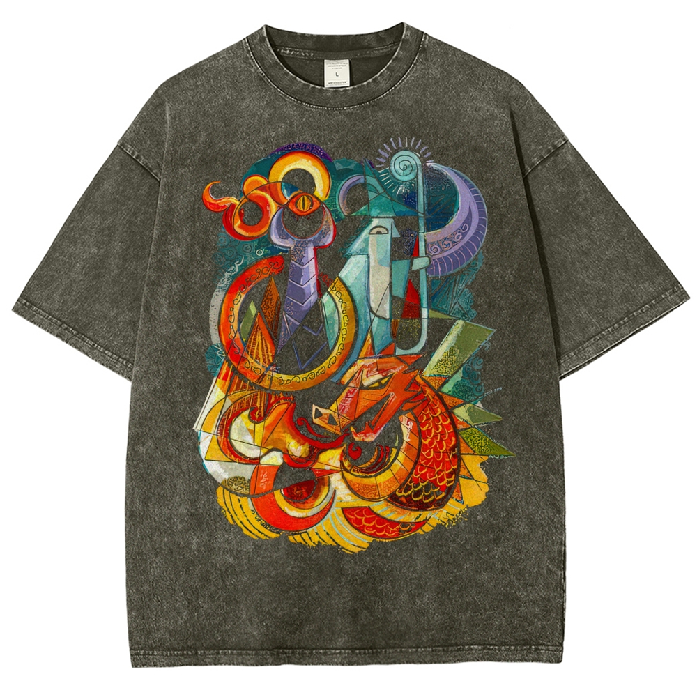 Colorful Dragon & Sword Abstract Washed T-Shirt