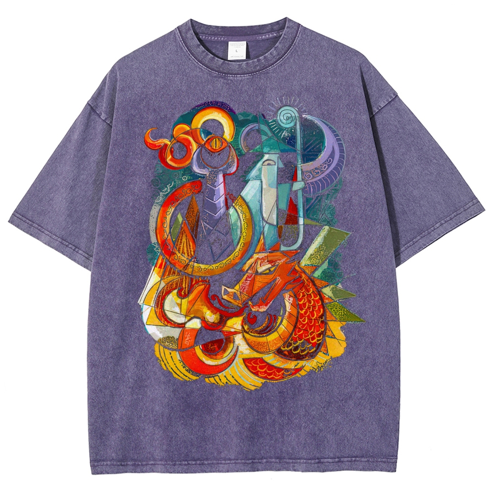 Colorful Dragon & Sword Abstract Washed T-Shirt
